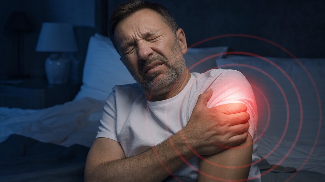 Ból barku w nocy - mężczyzna budzi się, trzymając się za bolący bark