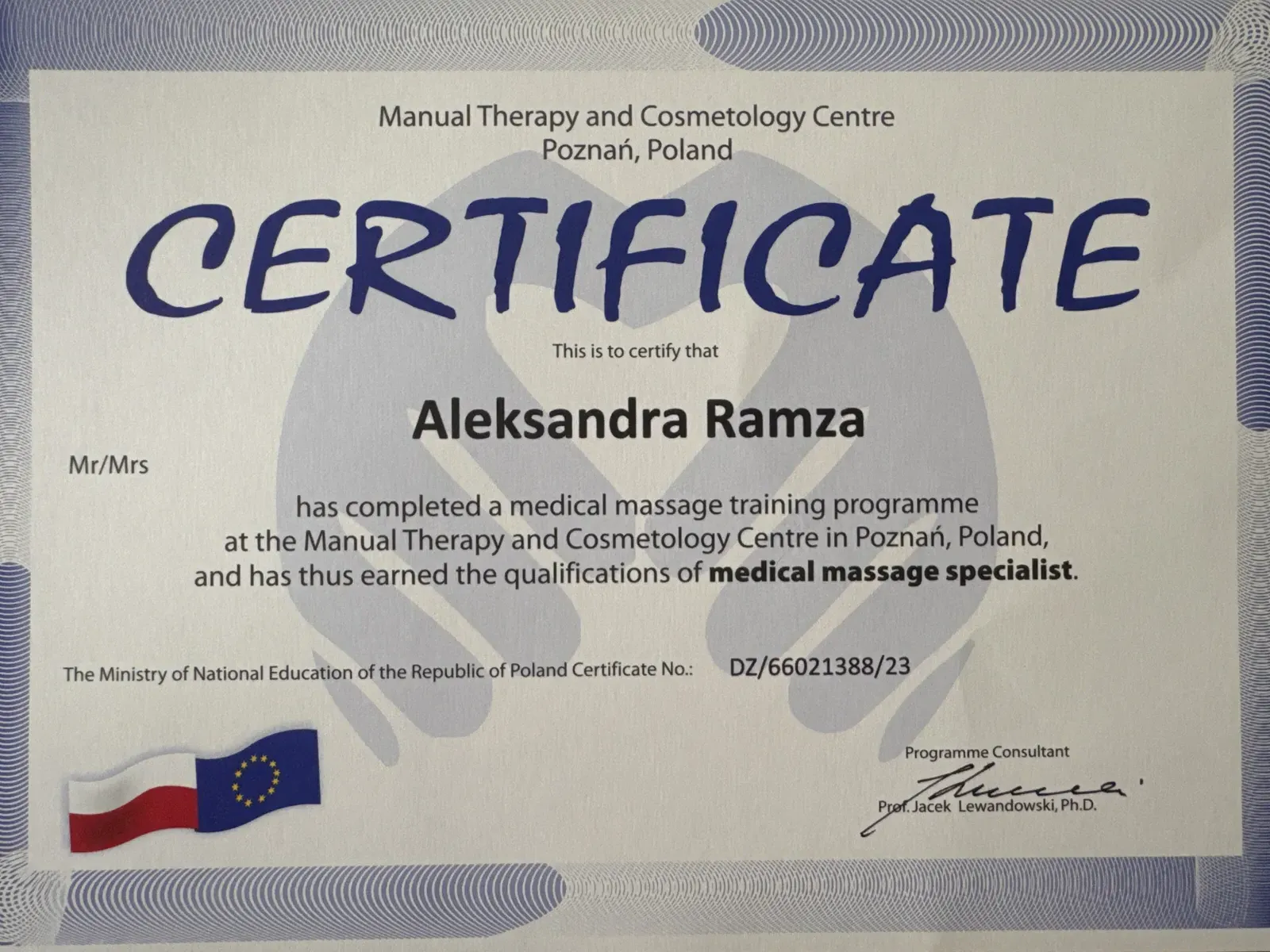 Certyfikat mgr Aleksandry Ramzy: technik masażysta, Manual Therapy and Cosmetology Centre, Poznań 2023
